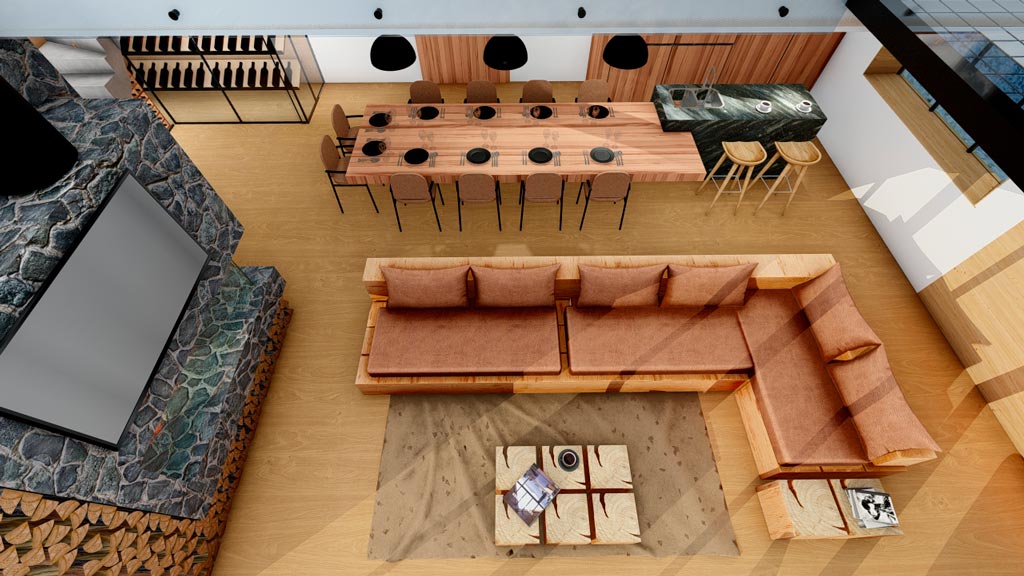 Vista aérea del Diseño del Estar con Hogar de la Cabaña en Los Molles, Mendoza, Argentina