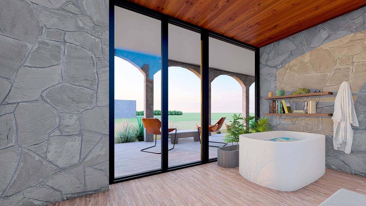 habitación en suite con bañera incluida con ventanas hacia la galería