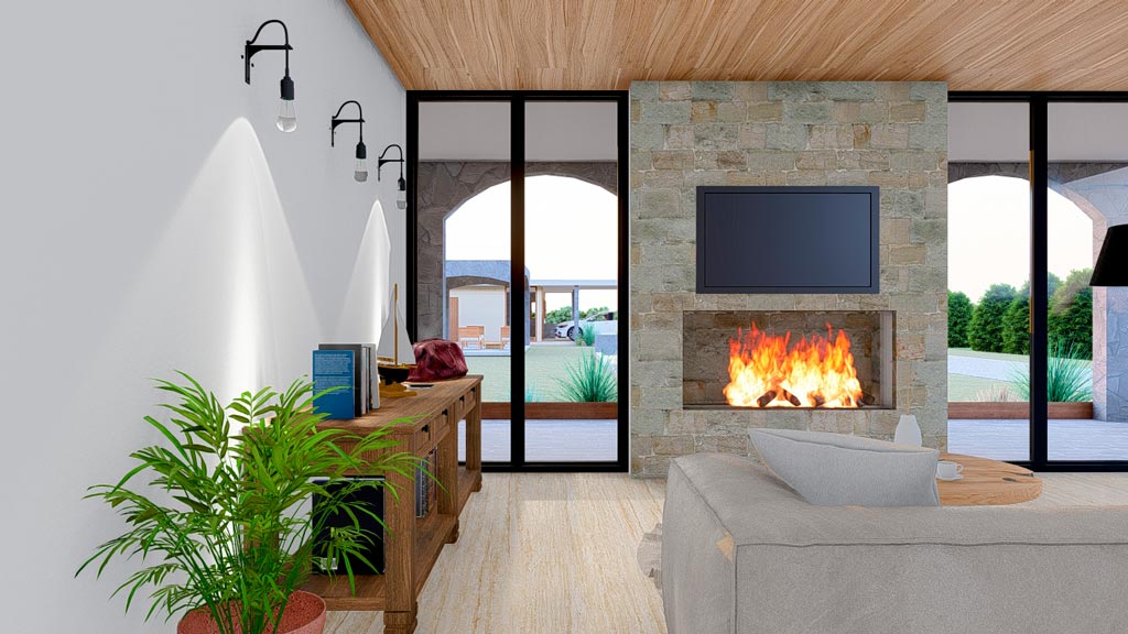 living de vivienda con la vista hacia el patio con vegetación 