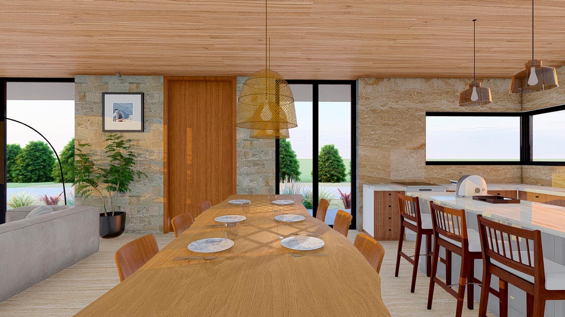 interior de vivienda, cocina comedor con madera rustica de madera y luces colgantes