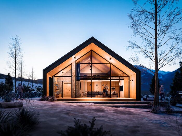 Diseño de Fachada de la Cabaña en Los Molles, Mendoza, Argentina, con aventanamientos de vidrio con materiales de madera y piedra. 