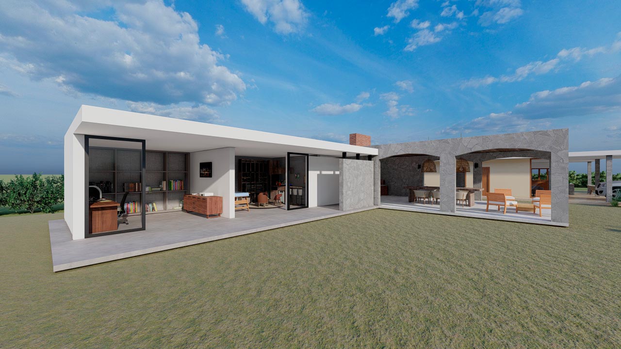 quincho de vivienda con materiales como piedra madera y hormigón 